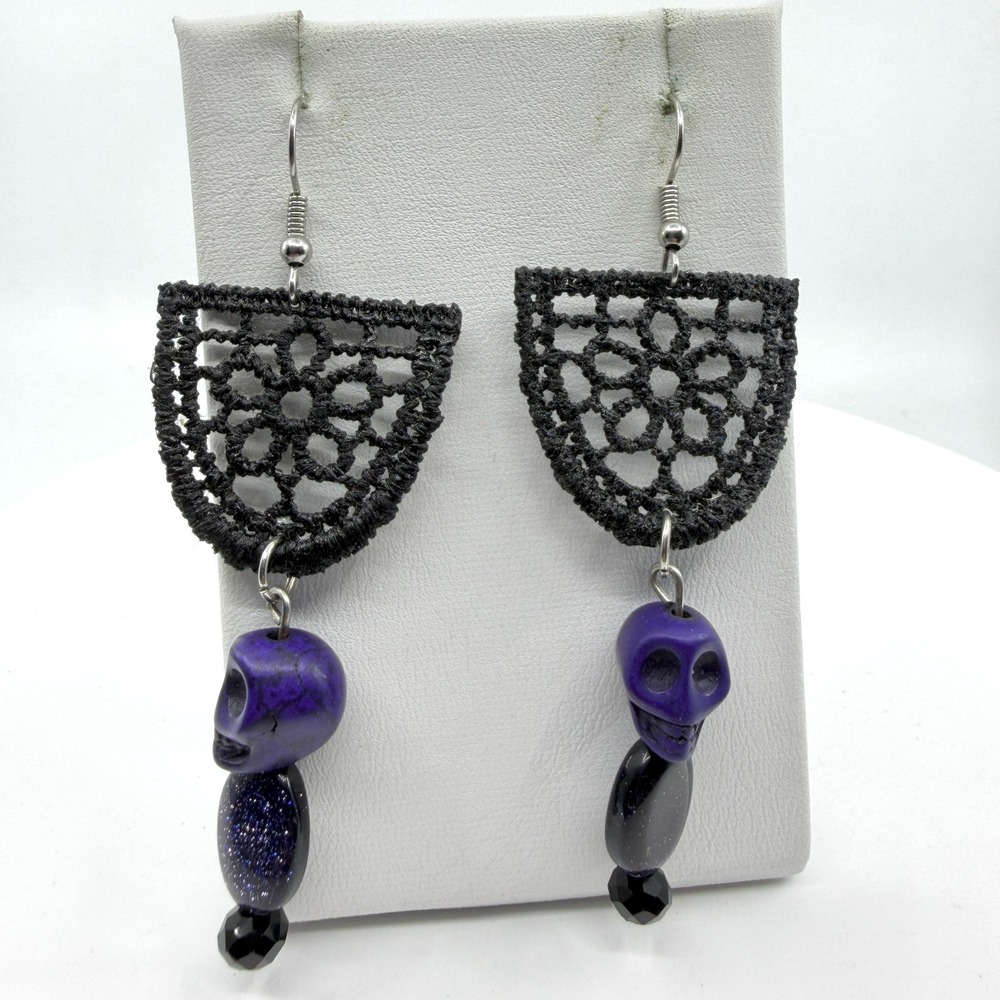Purple Skull Black Spiderweb Lace Drop Earrings Gothic Halloween Dangle Boho